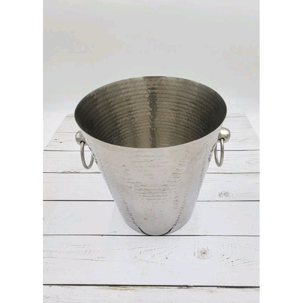 Viski Admiral Hammered Ice Bucket Silver Metal with Ring Handles